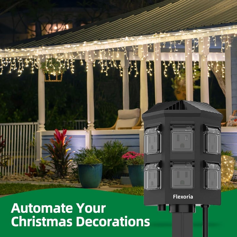 Flexoria Outdoor Power Stake Timer, Remote Control Dusk to Dawn Light Timer, 60FT Extension Cord Waterproof, 6 Grounded Outlets for Outdoor Christmas Decorations, ETL Listed - Image 4